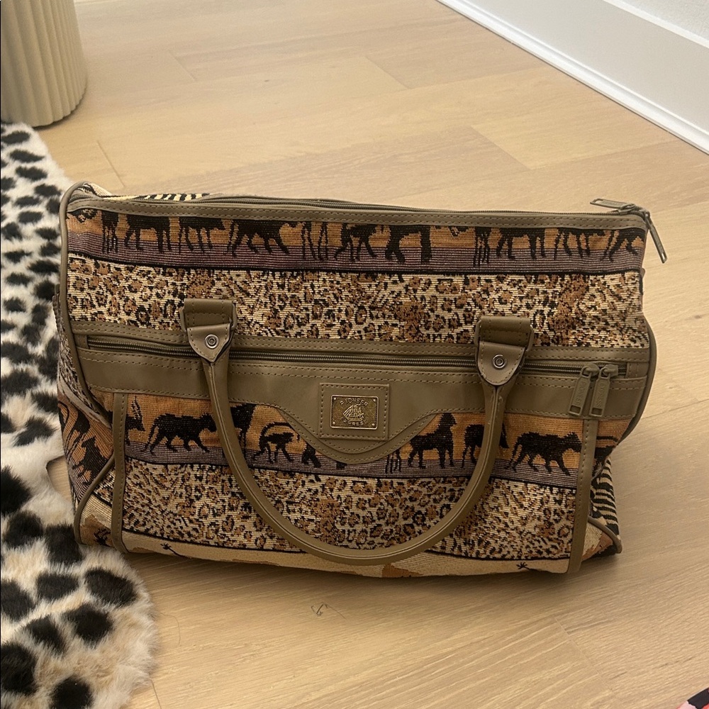 Animal-Print Garment Travel Bag in Tan safari theme